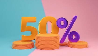 Vibrant 3D illustration of 50% off discount sign with colorful coins, perfect for sales and promotions in a modern retail context.