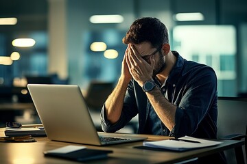 An overworked businessman with his head in his hands