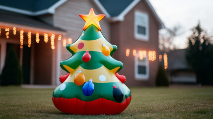 Wall Mural - Inflatable Christmas tree with colorful ornaments stands tall on a lawn with icicle lights hanging from the house roof festive holiday scene 