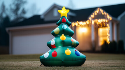 Sticker - Inflatable Christmas tree with colorful ornaments stands tall on a lawn with icicle lights hanging from the house roof festive holiday scene 