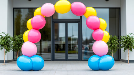 Wall Mural - Inflatable Easter egg arch in vivid pink, yellow, and blue framing a shop entrance cheerful holiday display 