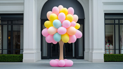 Wall Mural - Inflatable Easter egg tree with bright, hanging eggs displayed in front of a shop creating a whimsical holiday entrance 