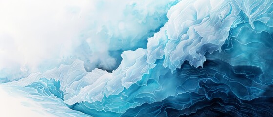  A painting of a wave in the ocean with blue and white hues at its base