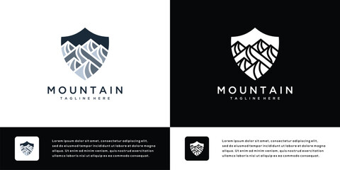 Wall Mural - Mountain logo icon design illustration with shield. Abstract outdoor mountain logo symbol.	
