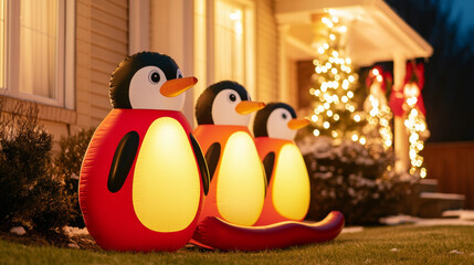 Poster - Inflatable penguins on a sled in a front yard next to a warmly lit house with holiday decor bright winter night 