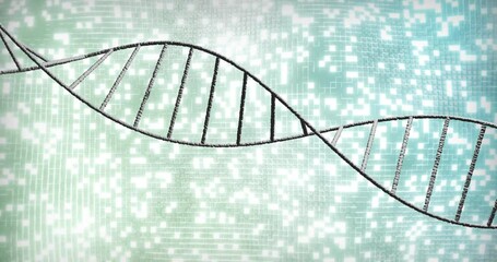 Poster - DNA strand over digital pixelated background, scientific data processing animation