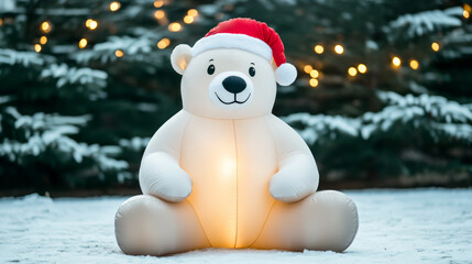 Poster - Inflatable polar bear wearing a Santa hat sitting near a Christmas-decorated shop with snow-dusted pine trees and warm yellow lights cozy winter ambiance 