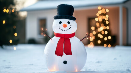 Wall Mural - Inflatable snowman with a red scarf and top hat stands proudly in a snow-covered front yard surrounded by twinkling fairy lights 