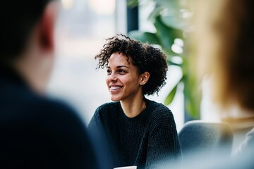 Poster - A cross-racial group of young, happy business people sharing ideas together inside a modern office, creating success.