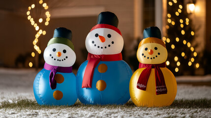 Wall Mural - Inflatable snowman family in vibrant colors with scarves and hats displayed on a front lawn under twinkling lights welcoming the New Year 