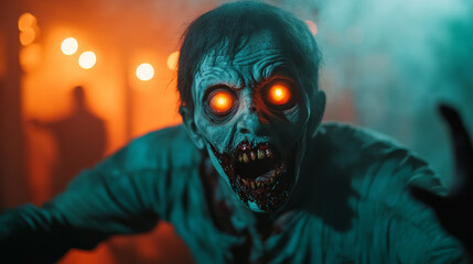 Inflatable zombie clawing its way out of the ground in front of a Halloween shop with eerie fog and glowing orange lights for a chilling atmosphere 