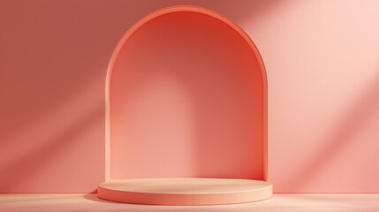 Poster - on a soft red background, a soft red picture frame mockup on an ellipse stage with a cube cylinder a