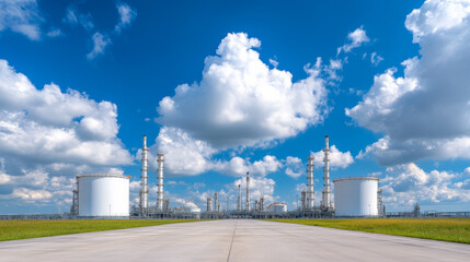 Large oil storage tanks with a refinery and cloudy sky in the background 