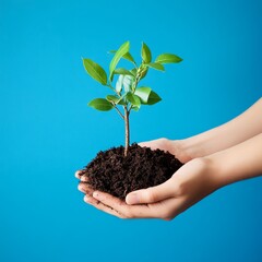 Two hands holding a small green plant with soil on a blue background.