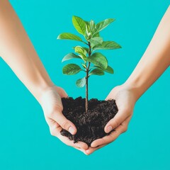 Two hands holding a small sapling with soil on a teal background.