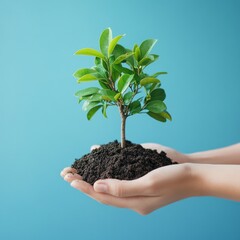 Wall Mural - Two hands holding a small tree sapling with soil against a light blue background.