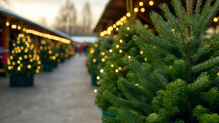 Wall Mural - Market under twinkling lights with rows of evergreen trees and families making selections, capturing the essence of holiday tradition 