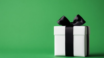 Wall Mural - Minimalistic white gift box with thin black ribbon on a chromakey green background 