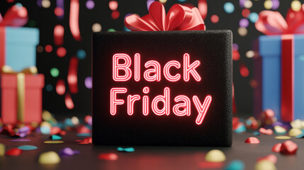 Canvas Print - Neon Black Friday text glowing against a dark background filled with colorful confetti and shiny gift ribbons 