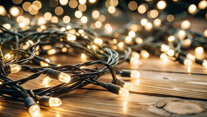 Warm fairy lights tangled on a wooden surface with a bokeh background