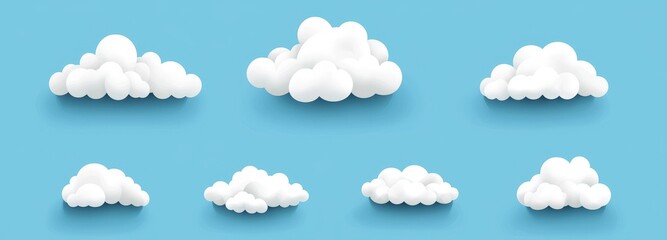 Poster - Set of white 3d clouds isolated on a blue background. Cartoonish fluffy clouds floating in the blue sky. Modern geometric shapes in 3D.