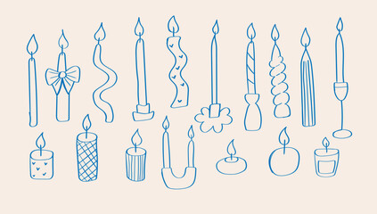 set of drawing fashionable candle and candlestick in doodle outline style. burning tea light candles