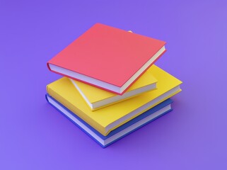 On a purple background, a stack of books and paper is rendered in 3D