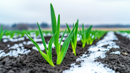 Wall Mural - Planting garlic cloves in a prepared bed under the gray winter sky, soft earth surrounded by snowy borders 