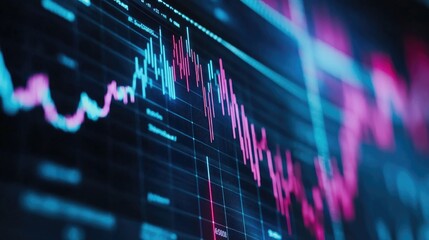 Poster - Close-up of a financial graph on a digital screen, with blue and red bars showing profits and losses over time. Data fluctuations visible in detail.