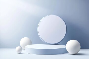 Poster - An abstract room concept rendered in 3D. A minimalist wall scene featuring light blue color and geometric backdrop. A sphere ball in the center of the scene.