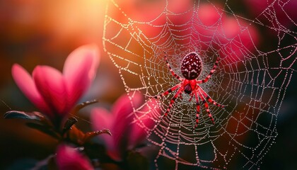 Sticker - A Red and Black Spider on a Dew-Covered Spider Web