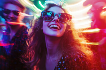 Wall Mural - A group of friends enjoying themselves at the nightclub, dancing and laughing while wearing sunglasses.