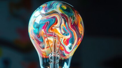 Close-up of a lightbulb filled with colorful abstract patterns, symbolizing the fusion of creativity and innovative thinking.