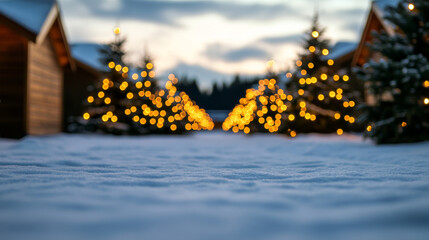 Wall Mural - Snow-covered Christmas tree market at dusk, warm glow from string lights and decorated trees, cozy and inviting scene 