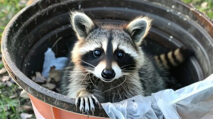 Cute animal selfies, a raccoon peeking out of a trash can with a curious look