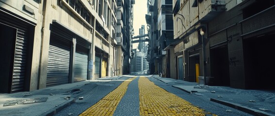 Canvas Print - This is a wide panoramic view of a dark and moody city center street at night. Rendering shows the noir concept.