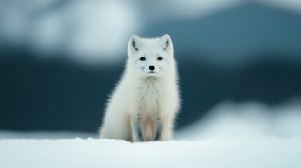 Sticker - Snowy Arctic fox camouflaged against a white landscape sleek fur and keen eyes pristine wilderness surroundings 