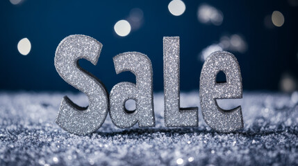 Poster - Sparkling Sale in silver with glowing light rays on a dark blue background with ice crystals and snowflakes 