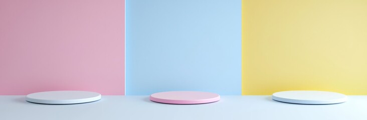 Poster - Stunning 3D pedestal podium set with blue, yellow, and pink realistic rendering geometric forms. Pastel minimal scene. Stage for showcase.