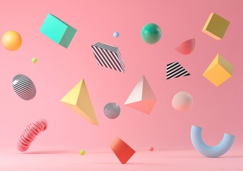 Poster - Spheres, torus, tubes, cones, in metallic blue and pink colors, abstract 3D render realistic primitive composition. Spheres, torus, tubes, cones in motion isolated on pink background. Abstract theme