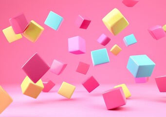 Poster - An abstract theme in metallic blues and pinks. Flying shapes in motion isolated on a pink background. Spheres, torus, tubes, cones in metallic blues and pinks.