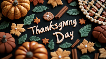 Poster - Thanksgiving Day text in playful handwriting over a backdrop of colorful gourds, cinnamon sticks, and pie, shades of green, orange, and brown 