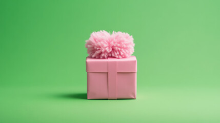 Poster - Tiny pink gift box with fluffy pom-pom bow on a chromakey green background 