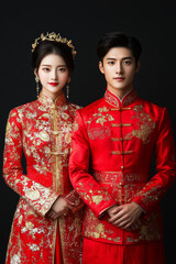 Poster - Traditional Chinese couple models in elegant silk attire vibrant red and gold embroidery serene poses empty background 