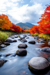 Poster - Tranquil Japanese landscape showcasing the dramatic change of leaf colors in the enchanting Koyo season 