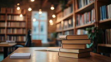 Education illustration featuring a stack of books on a desk with a library background