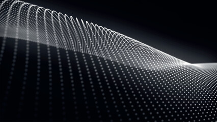 Poster - Futuristic point wave of particles. Visualization of sound waves. Technology or science banner. Abstract black and white digital 3D wave. Vector illustration.