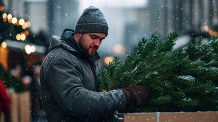 Wall Mural - Vendor loading a large Christmas tree onto a trailer at a bustling market, snow lightly falling, holiday rush 