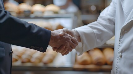 Close-up of a handshake between a businessman and a baker