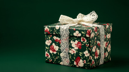 Poster - Vintage floral-patterned gift box with lace ribbon on a chromakey green background 